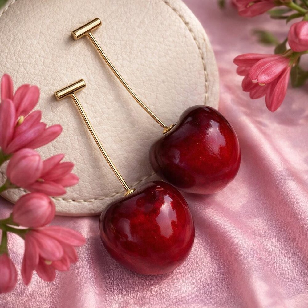 Red Resin Cherry Earrings Coquette Gold Long Stem Realistic Retro Statement 3D